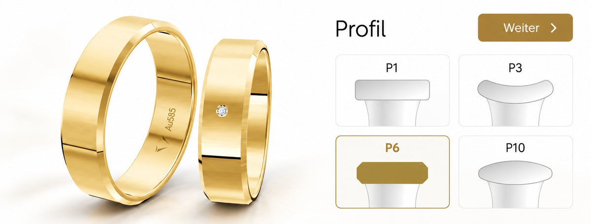 Trauring-Konfigurator: Ringpaar in 3D mit Auswahl des Ringprofils